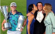 three people are posing with their trophies and kissing each other on the golf course, while one woman kisses the winner's trophy