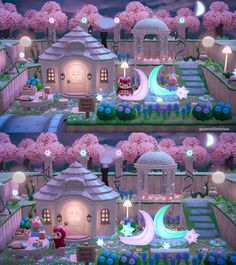 an animated scene with pink flowers and houses