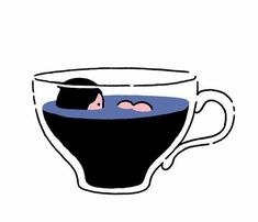 a cup filled with liquid and a person in the water inside it, on a white background