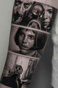 a man's arm with three different pictures on it