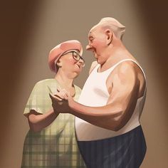 an older man and woman dance together in front of a spotlight on a brown background