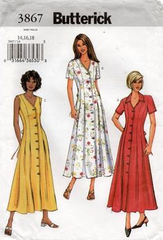 two women's dresses, one in yellow and the other in red with buttons