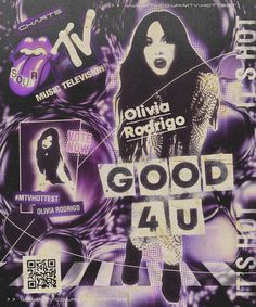 the poster for good 4u is shown in black and purple colors, with an image of a woman's face on it