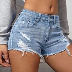 Fitted Distressed Jean Shorts For Spring, Casual Distressed Fitted Jean Shorts, Fitted Ripped Light Wash Shorts, Fitted Light Wash Ripped Shorts, Top Model, Denim Fabric, Top Tee, Jean Shorts, Denim Shorts