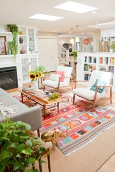 a living room filled with furniture and a fire place in the middle of a room