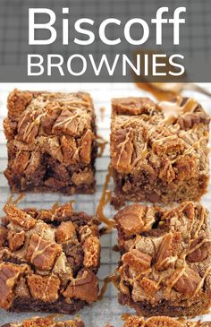 chocolate cookie butter brownies on a cooling rack with the words, cookies butter brownies