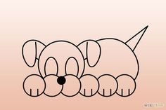 a line drawing of four dogs with their heads facing the same direction, and one dog's head in between them