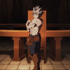 an anime character standing in front of a wooden table and chair with his arms crossed