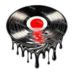 an old vinyl record with blood dripping from it and a red disk in the middle