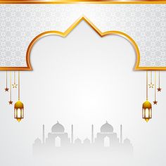 an islamic background with hanging lanterns and stars on the corner, in gold and white