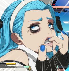 an anime character with blue hair holding a cell phone to her ear and looking at the camera