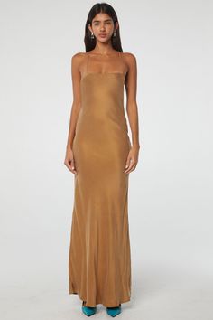 Elisa Bias Cut Dress - Camel | The Line by K Fitted Silk Satin Dress With Side Slits, Fitted Chic Modal Satin Maxi Dress, Sleek Silk Dresses With Side Slits, Silk Slip Dress With Side Slits For Evening, Bias Cut Evening Dresses For Fall, Fitted Bias Cut Dresses For Fall, Evening Maxi Length Viscose Slip Dress, Evening Dress In Bias Cut Viscose, Evening Slip Dress With Side Slits And Straight Neckline