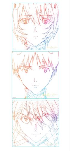 three different colored drawings of anime characters, one with red eyes and the other with blue eyes