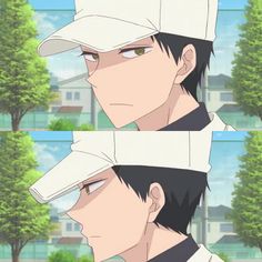 two images of a man with black hair wearing a white hat and looking into the distance