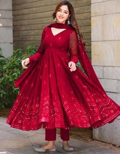 glamorous maroon fox georgette traditional function wear readymade anarkali suit collection with maroon fox georgette 37.8285714285714 Front View Red Anarkali Suits, Anarkali Suits Designer, Red Anarkali, Georgette Kurta, Embroidery Mirror