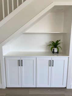 a plant is sitting on top of the cabinet under the stairs in an attic space