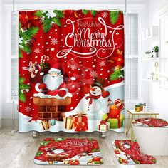 a christmas themed shower curtain with santa clause and snowman on the ground, surrounded by presents