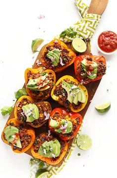 stuffed bell peppers topped with ground beef, avocado and cilantro