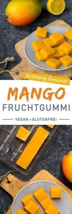 mango fruit is cut into pieces on a cutting board