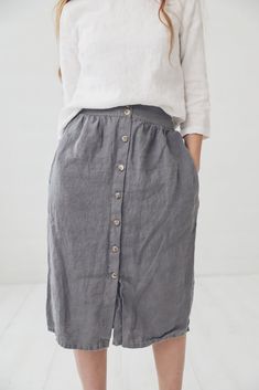 "DETAILS * High waisted linen skirt * Two side pockets and nice buttons at the front * Feel comfortable with elastic band at the back * The knee length will make you feel elegant * Made from soft wash medium weight (185 gsm) 100 % European linen fabric * Height of the model is 165 cm (5′ 5″) and she is wearing skirt in size XS/S * Color - solid gray. Please choose another color and size on the right * Product number: SK03 CARE LABEL * machine wash gentle (40 C/104 F) * dry gentle on low heat * w Relaxed Linen Skirt With Button Closure, Casual Linen Skirt With Button Closure, Funny Bride, Gym Workouts Women, Skirt With Pockets, Linen Skirt, Womens Casual, Skirts With Pockets, Fabric Samples