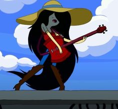 a cartoon character with a guitar in her hand and a hat on top of her head