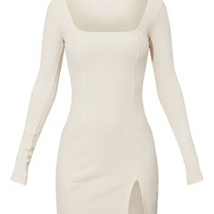 Brand New Cream Rib Split Hem Square Neck Long Sleeve Bodycon Dress Fitted Mini Dress With Square Neck For Brunch, Fitted Square Neck Mini Dress For Brunch, Fitted Bodycon Dress With Straight Neckline For Brunch, Fitted Bodycon Dress With Square Neck For Brunch, Fitted Cream Mini Bodycon Dress, Fitted Cream Bodycon Mini Dress, Cream Bodycon Mini Dress, White Bodycon Mini Dress With Square Neck, White Square Neck Bodycon Mini Dress