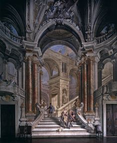 a painting of people sitting on the steps in a building with columns and arches around them