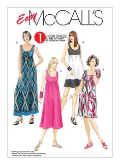 three women's dresses and one woman's dress are shown in this sewing pattern