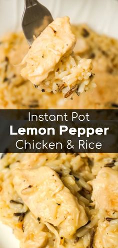 instant pot lemon pepper chicken and rice in a white bowl with a spoon on top