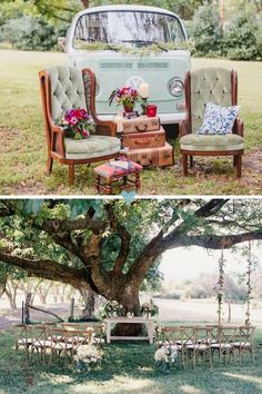 an old vw bus converted into a seating area for a wedding under a tree