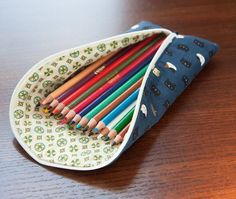 several colored pencils in a zippered pouch on a wooden table