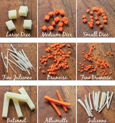 different types of diced carrots and cheese on a wooden table with text overlay