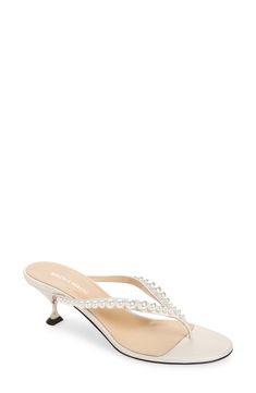 Get ready to say 'I do' to the big-day energy of this gorgeous kitten-heel sandal with imitation pearls embellishing the thong strap. 2" (55mm) heel Leather upper, lining and sole Made in Italy Designer Shoes Bride Glam, White Kitten, Kitten Heel Sandals, White Kittens, Rollerball Perfume, Sandal Shoes, Fancy Shoes, Heel Sandal, Fragrance Design