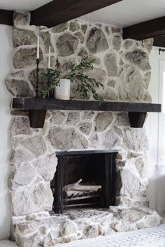 a stone fireplace in a living room with a plant on the mantel above it