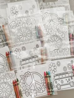 coloring pages with crayons and markers in plastic bags