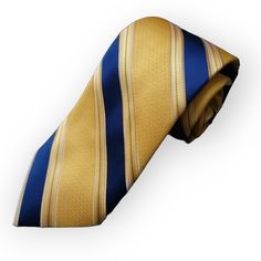 The tie boasts a striking blue and yellow striped pattern that is sure to turn heads. It's made from 100% silk and measures approximately 3.4 inches wide, ensuring a comfortable and stylish fit. The pocket square is a perfect match, with the same blue and yellow stripes adorning its surface. It's the perfect size to add a pop of color to your suit. 100% Silk Handmade Package Includes: Tie, Pocket Square, Cufflinks & Flower Lapel. Length: 59" Width: 3.34" Warm iron if needed Yellow Suit And Tie Accessories For Black Tie Event, Striped Business Neckwear, Blue Suit Yellow Tie, Formal Yellow Tie, Classic Yellow Ties For Office, Striped Business Neckwear Ties, Luxury Yellow Ties For Men, Luxury Semi-formal Gentleman's Ties, Luxury Classic Multicolor Ties