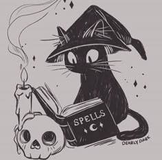 a black cat wearing a witches hat and holding a book with a skull on it