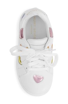 A sparkly array of metallic rainbow hearts will delight the tiny trendsetter strutting the playground in this sporty sneaker brimming with charm. Lace-up style Removable insole Leather upper/textile lining/rubber sole Imported Metallic Rainbow, Rainbow Hearts, Sporty Sneakers, Rainbow Heart, Kurt Geiger, Up Styles, Trend Setter, The Struts