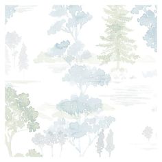 a white and green wallpaper with trees on it