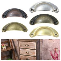 four different styles of drawer pulls and drawers