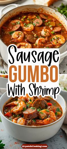 sausage gumbo with shrimp in a white bowl