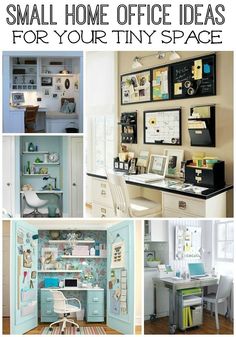 small home office ideas for tiny spaces with pictures on the wall and desks below