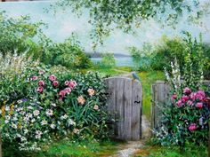 a painting of a garden with flowers and a gate