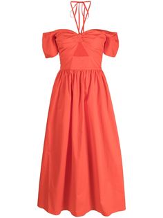 orange coral stretch-cotton empire line cut-out detailing halterneck tie fastening off-shoulder short sleeves fitted waistline mid-calf length Off-shoulder Orange Midi Dress For Summer, Summer Off-shoulder Orange Midi Dress, Summer Orange Off-shoulder Midi Dress, Orange Coral, Versace Outfit, Yoko London, Dress Orange, Halterneck Dress, Lady Dior