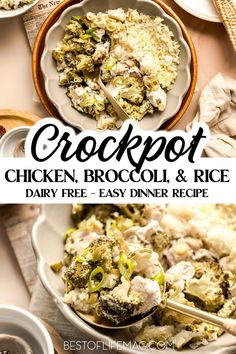 this is an image of crockpot chicken, broccoli and rice dinner