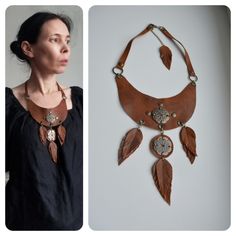 "Necklace made of genuine leather in Brown with feathers made of genuine leather. Toggle clasp. The diameter of the necklace is 20.8 \"(53 cm)+ extension chain 2.3\"(6 см) ,  A versatile decoration! Can be worn with shirts and dresses and light blouses and shirts.  * Materials: genuine leather, metal buckle   *The color of the product may differ due to differences of monitor transfer. If you have questions contact me. Thank you for visiting my shop. Leather Statement Necklace  with brass coins,Aesthetic Necklace with feathers,Bib Necklace for Women,Statement Necklace,Modern Necklace,gift for her" Leather Jewelry Necklace, Coins Aesthetic, Leather Statement Necklace, Aesthetic Necklace, Modern Necklace, Medicine Bag, Bib Necklaces, Modern Necklaces, Bib Necklace