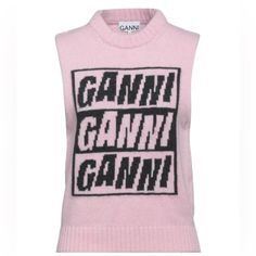 Never Worn, Size L Ganni Vest Knit, Pink Jacquard Knit Tops, Pink Jacquard Knit Tops For Winter, Ganni Knitwear, Ganni Vest, Logo Knit, Knitted Vest, Knit Vest, Pink Black