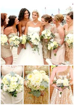 bridesmaids in gold sequin dresses and bouquets at the beach wedding reception