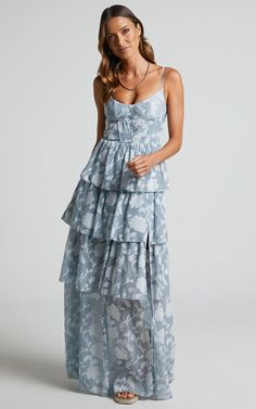 Janezkie Maxi Dress - Femme Formal Dress in Light Blue | Showpo USA Wychmere Wedding, Tiered Formal Dress, Light Blue Dress Formal, Light Blue Formal Dress, Light Blue Midi Dress, Blue Wedding Guest Dresses, Patterned Bridesmaid Dresses, Light Blue Bridesmaid, Floral Bridesmaid Dresses