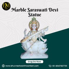 an advertisement for marble saraswari devi statue, featuring the image of lord person